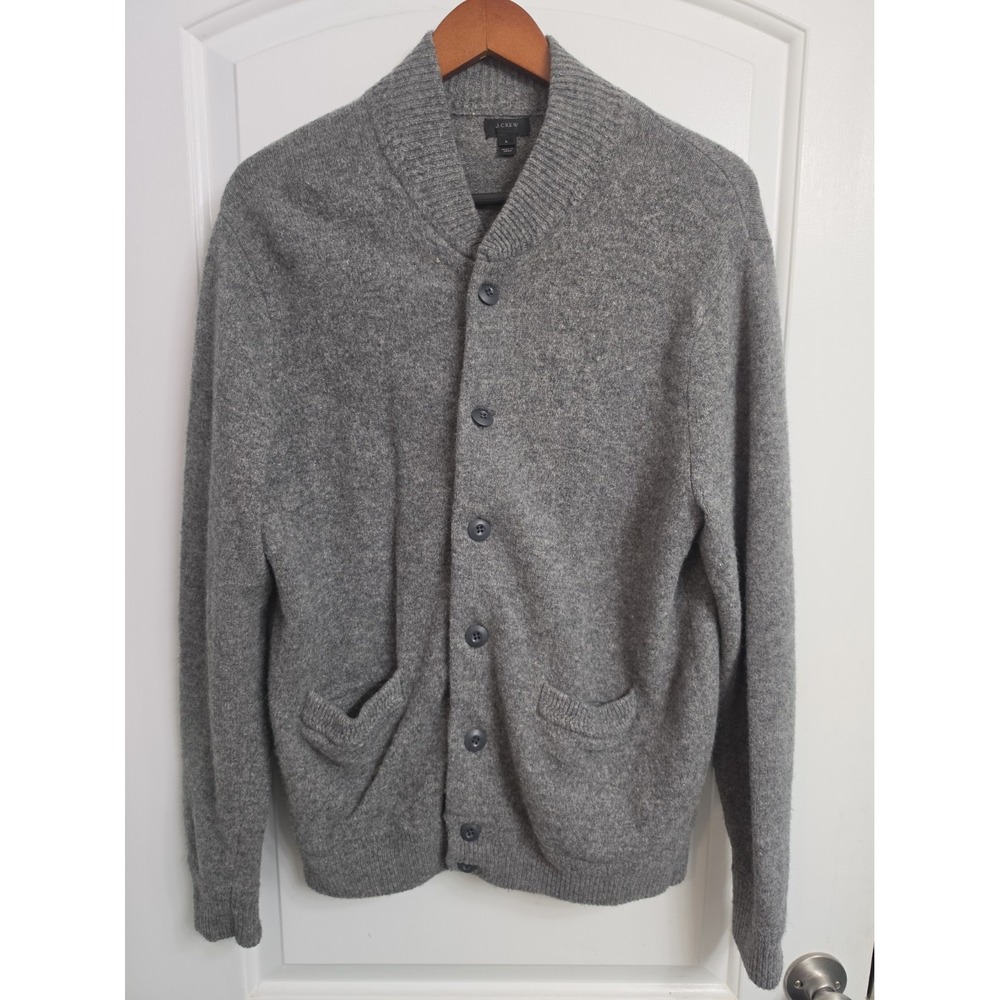 J.CREW Cardigan Mens L Gray Chunky-Knit Wool Blend Shawl Collar Pockets